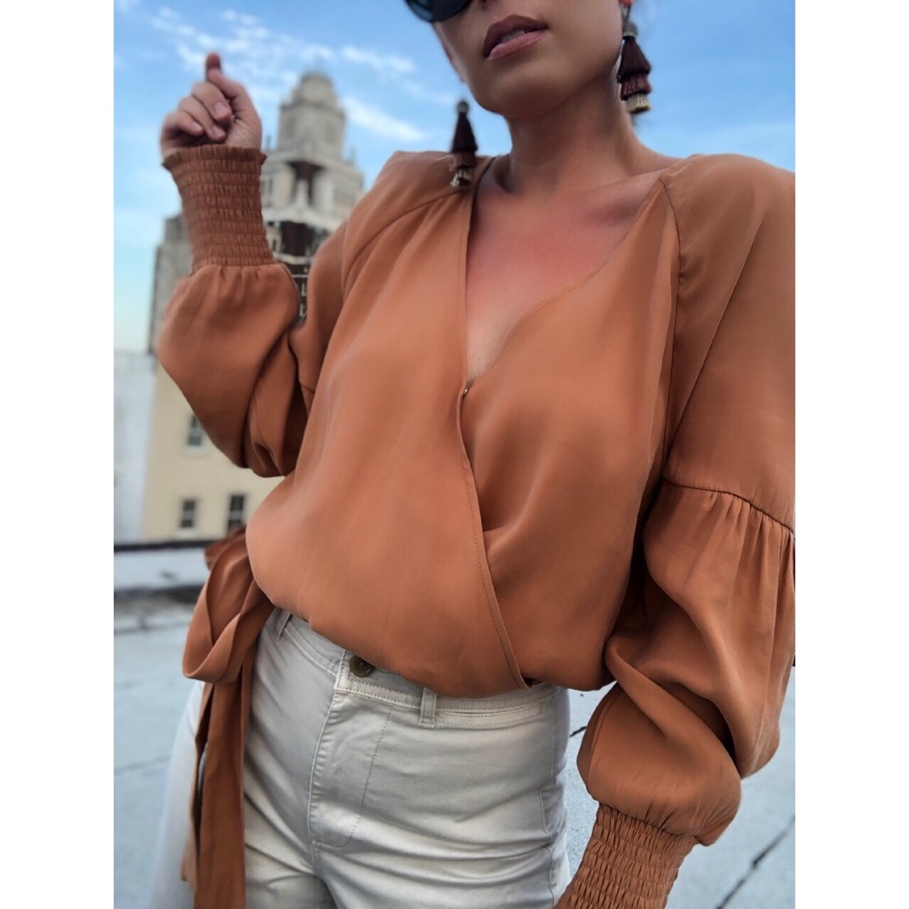 Anna Rust Puff Sleeve Wrap Top - Picture 7 of 8